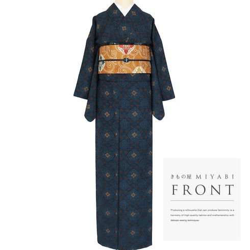 紬 リサイクル 身丈163.5cm 裄64.6cm 袷 幾何学柄 ネイビー Lサイズ お洒落 カジュアル 正絹 広衿 Sランク