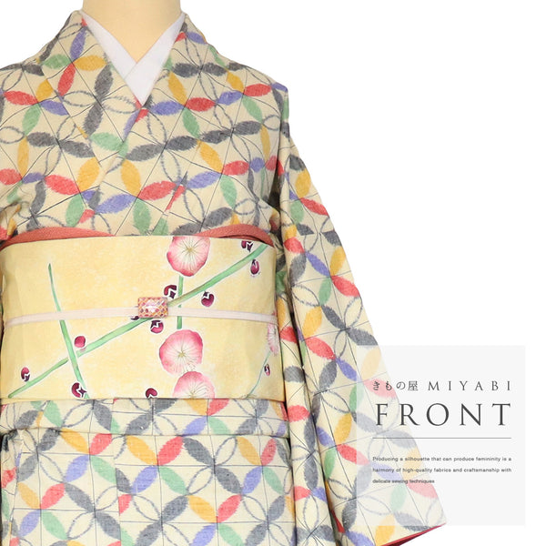 紬 リサイクル 身丈169.5cm 裄66.4cm 袷 格子に七宝模様 多色 LLサイズ カジュアル お洒落 しつけ糸 正絹 広衿 Sランク