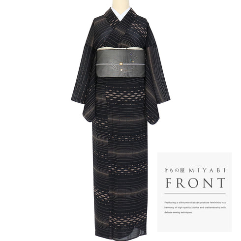 小紋 リサイクル 夏着物 身丈162.5cm 裄66.8cm 夏物 デザイン菱柄 ブラック Lサイズ カジュアル しつけ糸 不明 広衿 Sランク