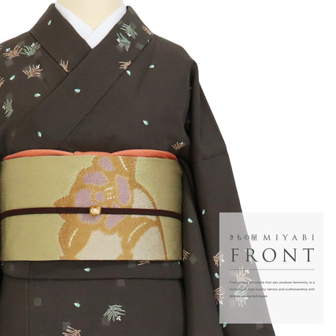 小紋 リサイクル 身丈157.2cm 裄64.4cm 袷 若松や花びら柄 ブラウン Mサイズ お洒落 カジュアル 正絹 広衿 Sランク