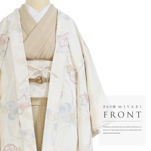 羽織 リサイクル 身丈80cm 裄64.8cm 袷 菊や梅や紅葉柄 地紋 アイボリー Mサイズ セミフォーマル お洒落 一つ紋 しつけ糸 正絹 Sランク