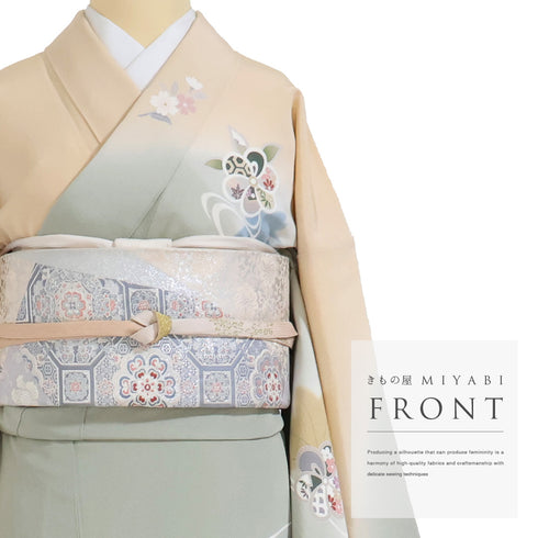 訪問着 リサイクル 身丈159.5cm 裄65.2cm 袷 流水に花柄 金駒刺繍 ベージュ Mサイズ セミフォーマル お洒落 正絹 広衿 Sランク