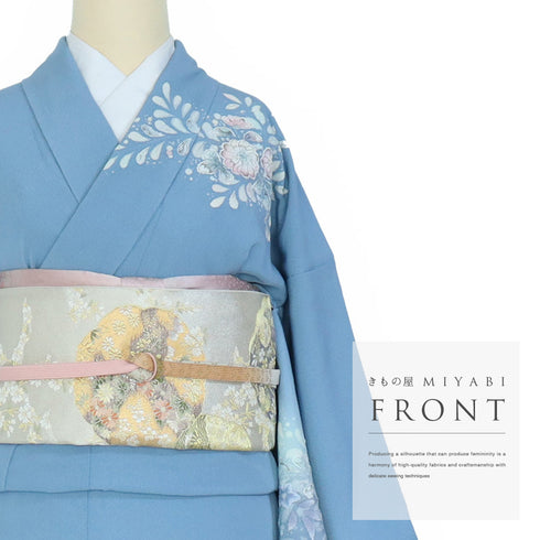 付下げ リサイクル 身丈162cm 裄66.2cm 袷 辻ヶ花文様 ブルー Lサイズ セミフォーマル 一つ紋 正絹 広衿 Aランク