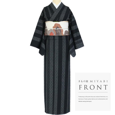 紬 リサイクル 身丈166cm 裄67.2cm 袷 よろけじま柄 三代目市三郎 ブラック LLサイズ お洒落 証紙 しつけ糸 正絹 広衿 Sランク