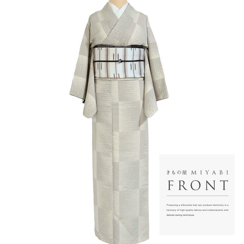 紬 リサイクル 身丈162cm 裄65cm 袷 お召 石畳柄 織りぼかし 地紋 アイボリー Lサイズ お洒落 カジュアル 正絹 広衿 Aランク