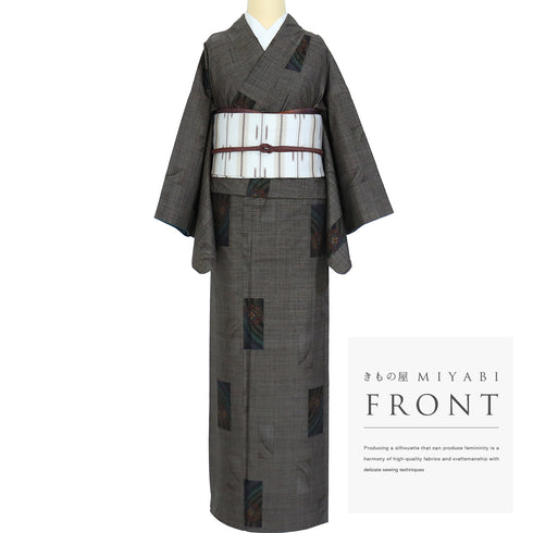 紬 リサイクル 身丈159.5cm 裄66.4cm 袷 短冊に華紋模様 ブラウン Mサイズ カジュアル お洒落 証紙 正絹 広衿 Sランク