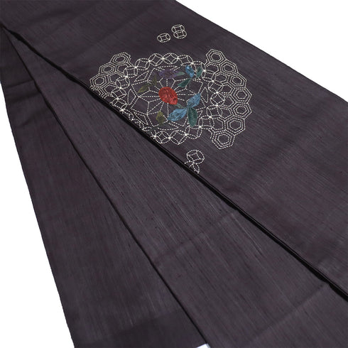 袋帯 リサイクル 帯丈468cm ポイント柄 七宝亀甲 茄子 夏物 透物 相良刺繍 刺子 和紙アップリケ ブラック LLサイズ 混合 新品・未使用品 お洒落 カジュアル