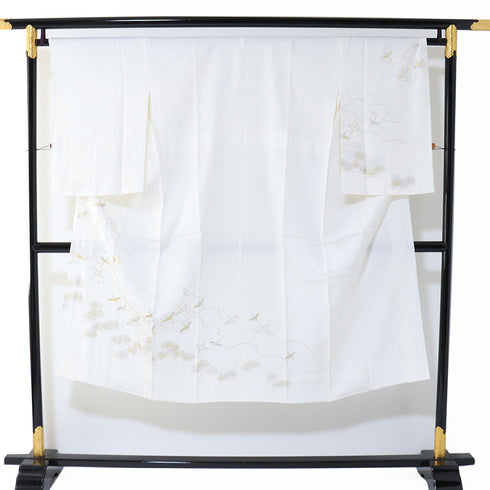 長襦袢 リサイクル 長襦袢 身丈133cm 裄66.8cm 袷 絵羽柄 半衿なし 鶴や松柄 地紋 ホワイト Lサイズ フォーマル 正絹 Aランク