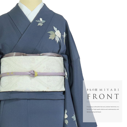 訪問着 リサイクル 身丈163cm 裄67.4cm 袷 花柄 パールトーン加工 箔 ブルー Lサイズ お洒落 正絹 広衿 Aランク