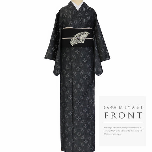 紬 リサイクル 身丈157.5cm 裄63.2cm 単衣 縦枠柄 ブラック Mサイズ お洒落 カジュアル しつけ糸 正絹 広衿 Sランク