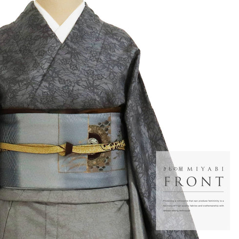 付下げ リサイクル 身丈158.8cm 裄65.2cm 袷 大島紬 草花柄 グレー Mサイズ お洒落 正絹 広衿 Sランク