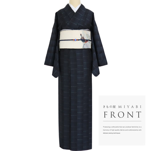 紬 リサイクル 身丈155.3cm 裄66.2cm 袷 幾何学模様 ネイビー Sサイズ お洒落 カジュアル 正絹 広衿 Aランク