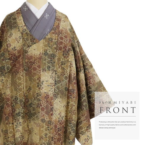 コート リサイクル 身丈133.2cm 裄66cm 袷 ロングコート 千代太衿 パールトーン加工 籠目に花草柄 ブラウン Mサイズ お洒落 正絹 Sランク