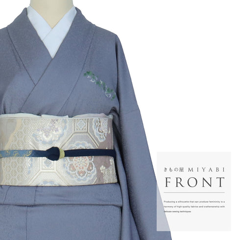 付下げ リサイクル 身丈161.5cm 裄68.4cm 袷 おしゃれ花瓶・ぶどう柄 押し花あり ブルー Lサイズ お洒落 正絹 広衿 Sランク