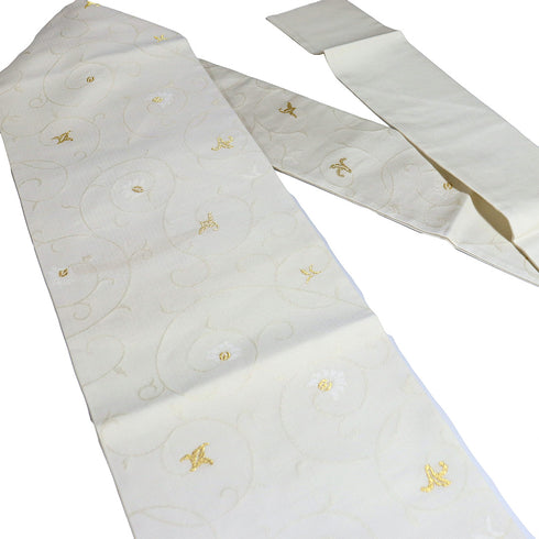 名古屋帯 リサイクル 帯丈374cm 六通 花唐草柄 夏物 西陣織2219 アイボリー Mサイズ 正絹 新品・未使用品 セミフォーマル お洒落 証紙