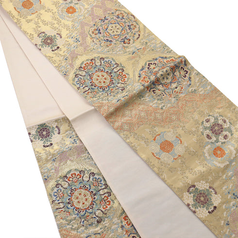 袋帯 リサイクル 帯丈444cm 六通 華文柄 ゴールド Mサイズ 正絹 Sランク フォーマル セミフォーマル