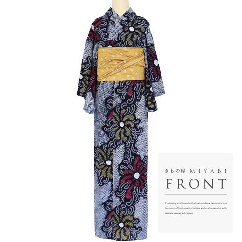 浴衣 リサイクル 夏着物 身丈147.5cm 裄63cm 夏物 絞り 花柄 ネイビー SSサイズ カジュアル 木綿 洗える着物 バチ衿 Aランク