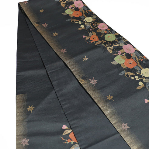 京袋帯 リサイクル 帯丈384cm 六通 楓や椿柄 ブラック Lサイズ ポリエステル Sランク お洒落 カジュアル