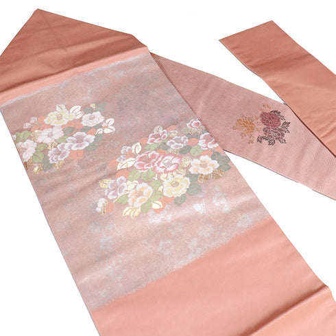 名古屋帯 リサイクル 帯丈365cm ポイント柄 椿や梅柄 花柄 ピンク Mサイズ 正絹 新品・未使用品 お洒落