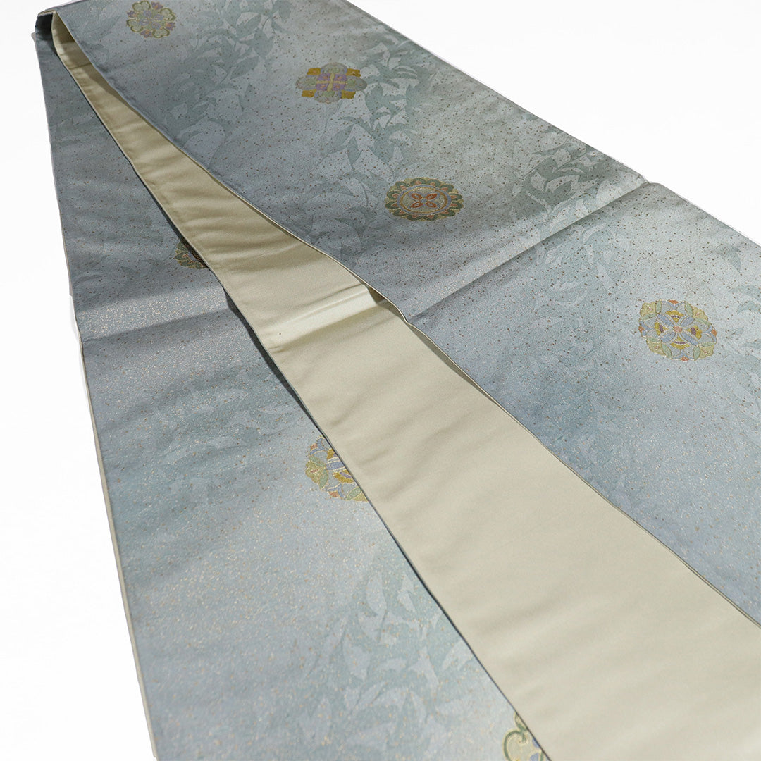 リサイクル 袋帯 帯丈460cm 全通 手織り牛首紬 華紋 染め 無形