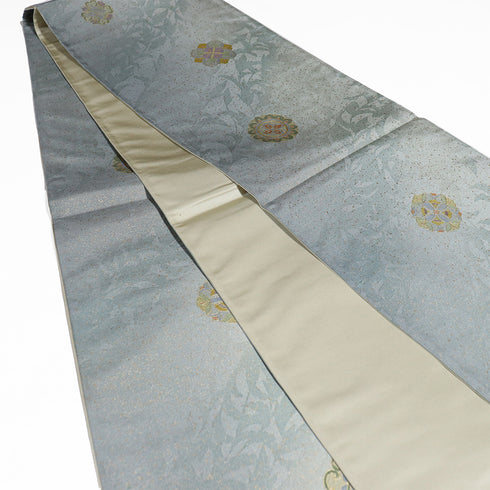 袋帯 リサイクル 帯丈460cm 全通 手織り牛首紬 華紋 染め 無形文化財 グリーン LLサイズ 正絹 新品・未使用品 お洒落