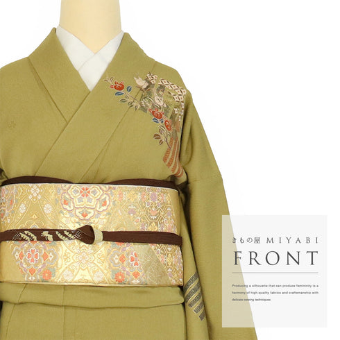 付下げ リサイクル 身丈158cm 裄65.6cm 袷 源氏香に花枝柄 箔 地紋 グリーン Mサイズ セミフォーマル お洒落 一つ紋 正絹 広衿 Aランク