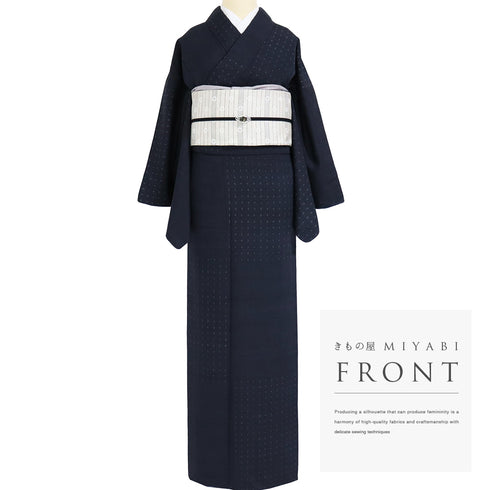 結城紬 リサイクル 身丈164.8cm 裄68cm 袷 横段柄 はたおり娘 ネイビー Lサイズ お洒落 カジュアル 証紙 正絹 広衿 Sランク