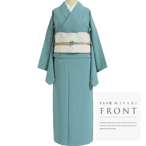 色無地 リサイクル 身丈159.5cm 裄66.4cm 袷 グリーン Mサイズ お洒落 カジュアル しつけ糸 正絹 広衿 地紋なし Sランク