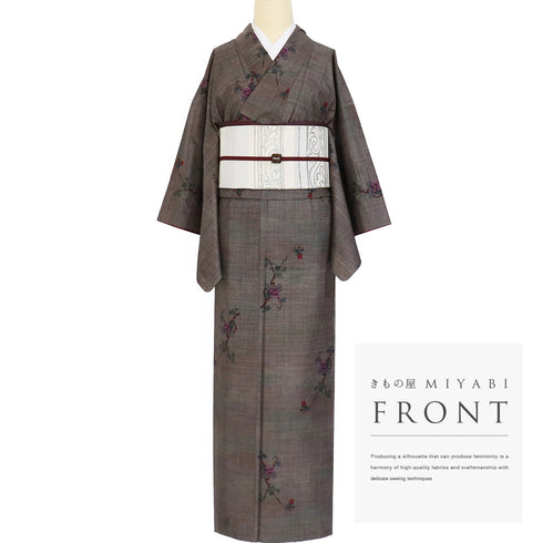 大島紬 リサイクル 身丈155.3cm 裄63cm 袷 花枝柄 ぼかし ブラウン Sサイズ カジュアル お洒落 正絹 広衿 Sランク