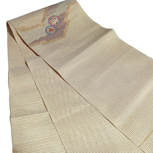 名古屋帯 リサイクル 帯丈382cm ポイント柄 夏用 丸に宝づくし柄 ベージュ Lサイズ 正絹 Aランク カジュアル お洒落