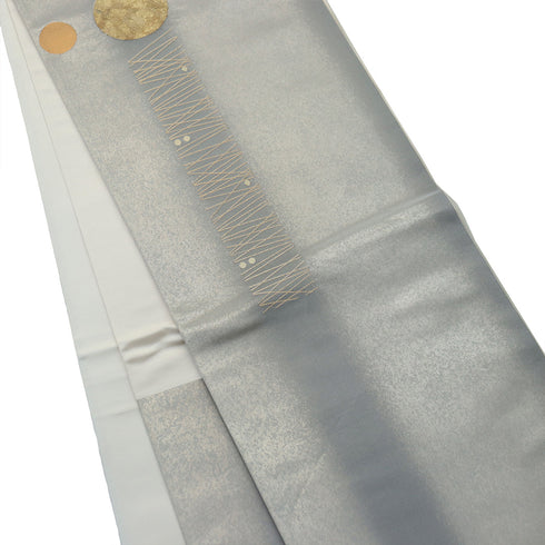 袋帯 リサイクル 帯丈440cm ポイント柄 幾何学模様 じゅらく黄金繭 シルバー Mサイズ 正絹 Aランク お洒落