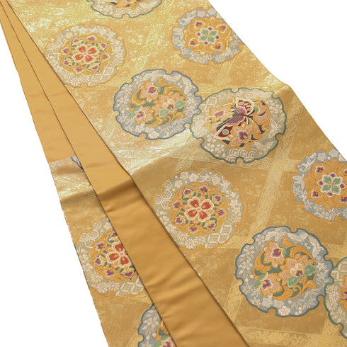 袋帯 リサイクル 帯丈430cm 六通 雪輪模様 華文 花丸 ゴールド Sサイズ 正絹 新品・未使用品 フォーマル セミフォーマル