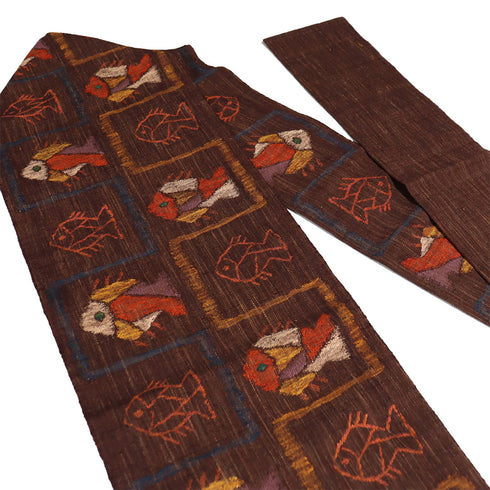 名古屋帯 リサイクル 帯丈350cm 六通 魚柄 ブラウン Sサイズ 正絹 Sランク お洒落 カジュアル