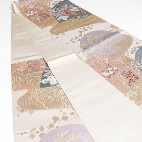 袋帯 リサイクル 帯丈428cm 六通 花柄 刺繍 箔 ベージュ Sサイズ 正絹 Sランク フォーマル セミフォーマル