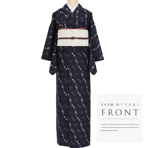 紬 リサイクル 身丈168.7cm 裄65cm 袷 絣に燕柄 ネイビー LLサイズ カジュアル お洒落 正絹 広衿 Aランク