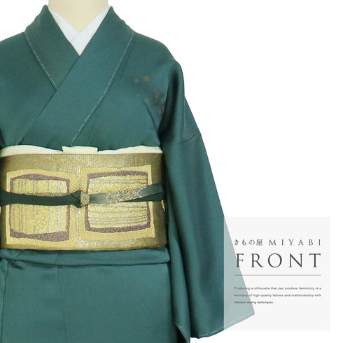 訪問着 リサイクル 身丈156.5cm 裄64.8cm 袷 箔 花や菱型模様 刺繍 グリーン Mサイズ お洒落 正絹 広衿 Aランク