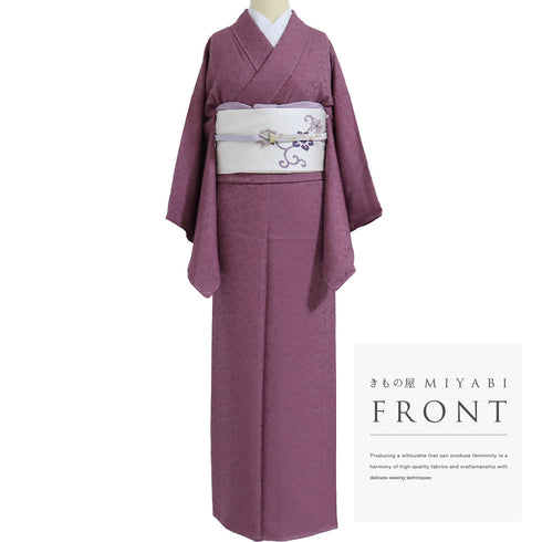 色無地 リサイクル 身丈158.5cm 裄65.6cm 袷 菊や梅柄 パープル Mサイズ セミフォーマル 一つ紋 しつけ糸 正絹 広衿 地紋あり Sランク