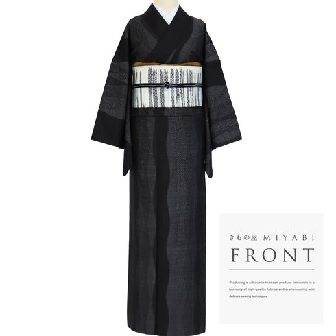 紬 リサイクル 身丈163.8cm 裄68.8cm 袷 デザイン縦枠 ブラック Lサイズ お洒落 カジュアル 正絹 広衿 Sランク