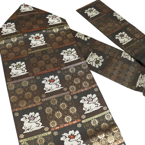 名古屋帯 リサイクル 帯丈375cm 六通 市松にうさぎ柄 ブラウン Mサイズ 正絹 Sランク お洒落