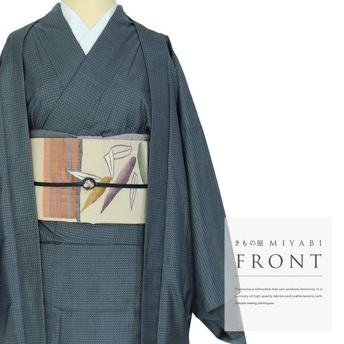 アンサンブル 紬 リサイクル 身丈161cm 裄65.8cm 羽織丈86cm 袷 絣柄 グレー Lサイズ カジュアル お洒落 正絹 広衿 Sランク