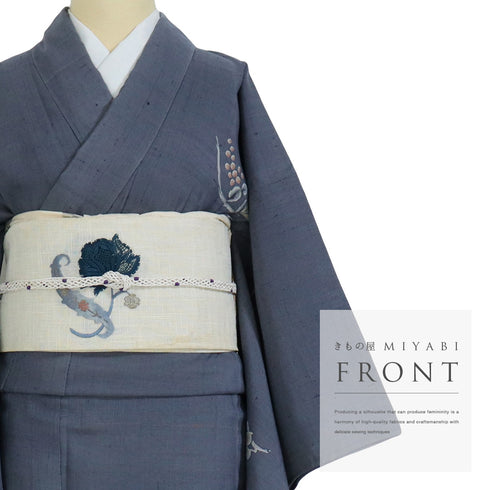 訪問着 リサイクル 夏着物 身丈162cm 裄66cm 夏物 花・葡萄柄 紬 グレー Lサイズ フォーマル 一つ紋 正絹 広衿 Bランク