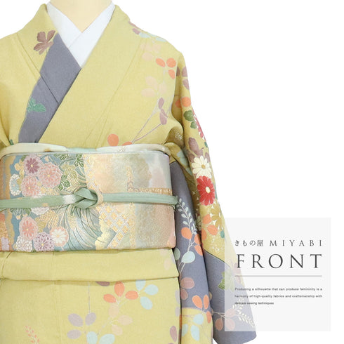 訪問着 身丈171.8cm 裄67.2cm 袷 菊柄 金駒刺繡 慶彩小袖 イエロー LLサイズ フォーマル 落款 正絹 広衿 Sランク