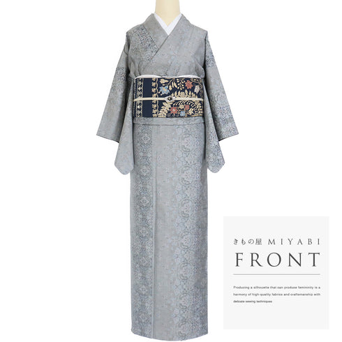 大島紬 リサイクル 身丈157.3cm 裄60.8cm 袷 有職文様 唐草柄 グレー Mサイズ カジュアル お洒落 正絹 広衿 Sランク