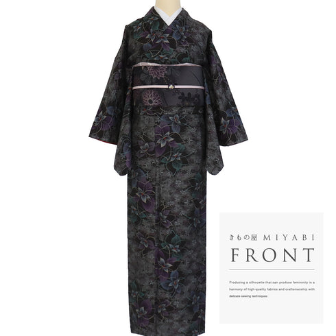 紬 リサイクル 身丈158.8cm 裄65.3cm 袷 花柄 ブラック Mサイズ お洒落 カジュアル しつけ糸 正絹 広衿 Sランク