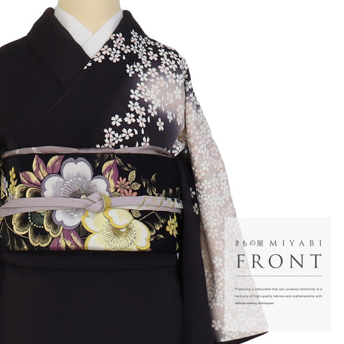 訪問着 リサイクル 身丈157.5cm 裄63cm 袷 小花散らし柄 金駒刺繍 箔 パープル Mサイズ セミフォーマル 正絹 広衿 Aランク