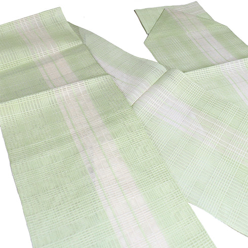 名古屋帯 リサイクル 帯丈364cm 全通 夏物 格子柄 グリーン Mサイズ 正絹 新品・未使用品 カジュアル