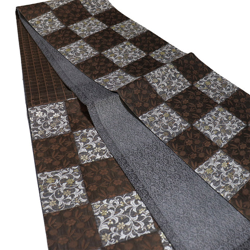 袋帯 リサイクル 帯丈446cm 六通 市松に花唐草柄 ぜんまい紬 ブラウン Mサイズ 正絹 Sランク フォーマル セミフォーマル