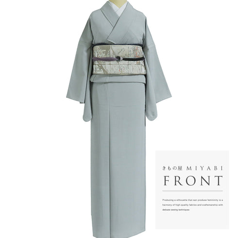 色無地 リサイクル 身丈161cm 裄65.6cm 単衣 グレー Lサイズ セミフォーマル 一つ紋 しつけ糸 正絹 広衿 Sランク