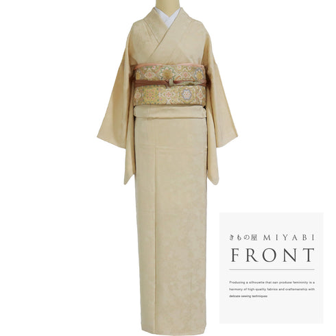 色無地 リサイクル 身丈164cm 裄65.6cm 袷 花柄 アイボリー Lサイズ セミフォーマル お洒落 一つ紋 正絹 広衿 地紋あり Sランク