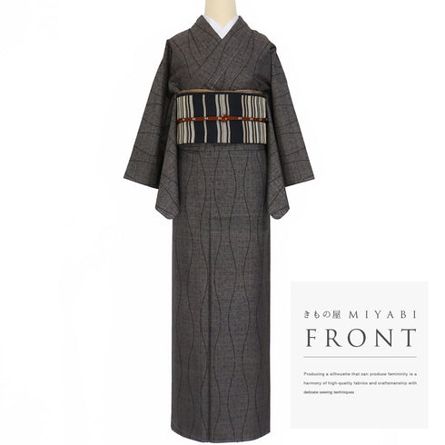 大島紬 リサイクル 身丈159.3cm 裄64cm 袷 立枠柄 ブラウン Mサイズ お洒落 カジュアル 証紙 しつけ糸 正絹 広衿 Sランク